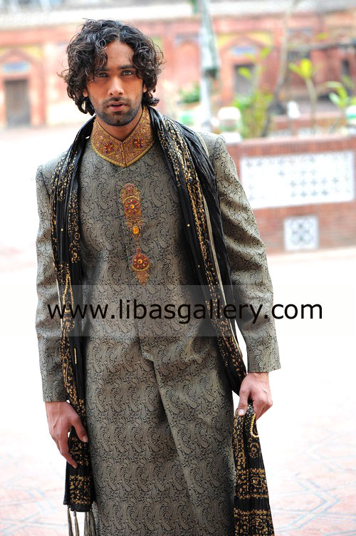 Casual Mood Groom in Embellished Sherwani outside studio