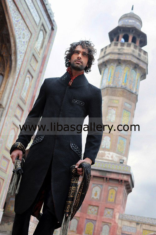Slim fit 3 front pocket Groom Wedding Sherwani black