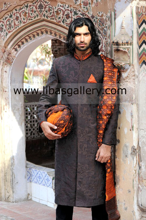 Black Embroidered Wedding Sherwani Orange Collar