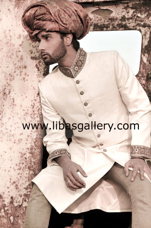 Off white embellished collar and cuff groom barat nikah sherwani shop online custom made Arizona Colorado USA
