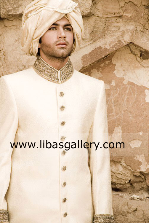 Off white wedding sherwani with fancy type buttons Rajasthani pre tied turban on additional price Kentucky Connecticut USA