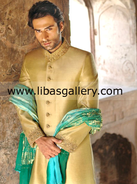Decent person appearing in gold wedding sherwani for arrange marriage Aberdeen Leicester UK