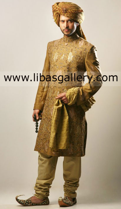 golden embellished sherwani for rich heart social groom add matching turban khussa by paying additional money Vancouver Toronto Canada