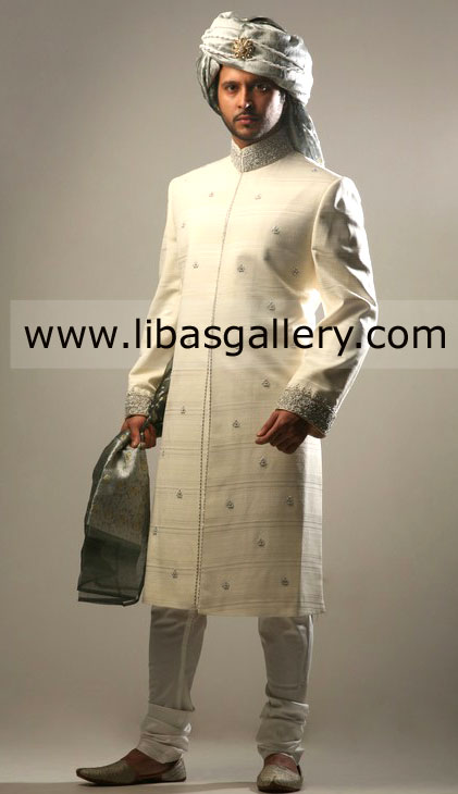 Pakistani Sherwani Style Silver Precious Work