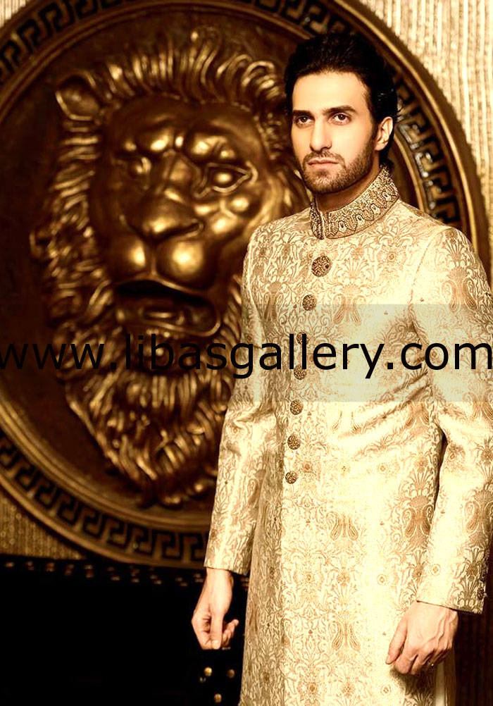 Emmad irfani actor TV presenting groom jamawar sherwani golden with antique work on collar Europe Asia South Africa