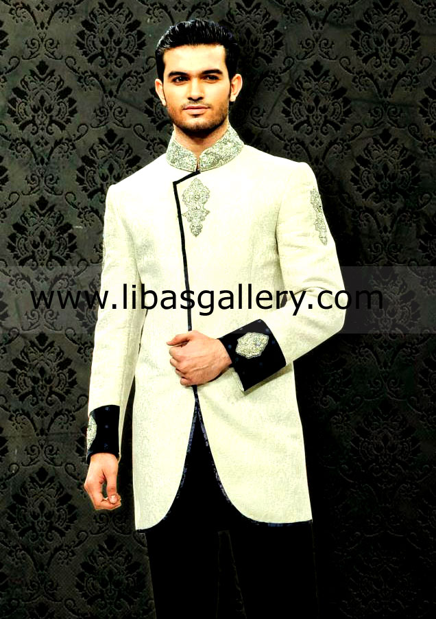 indo western style angrakha wedding jacket for groom silver work on panel collar and black cuff Toronto Vancouver Canada