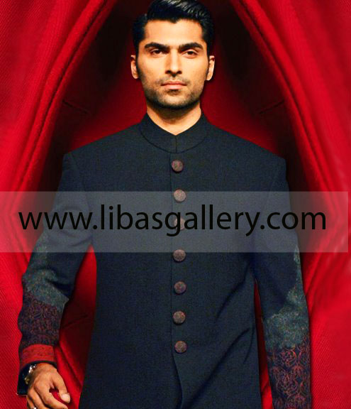 Pakistani Wedding Sherwani Collection in Black and Blue color with Golden Embroidery on Collar and neckline UK,USA,Canada,Dubai,Australia,New Zealand