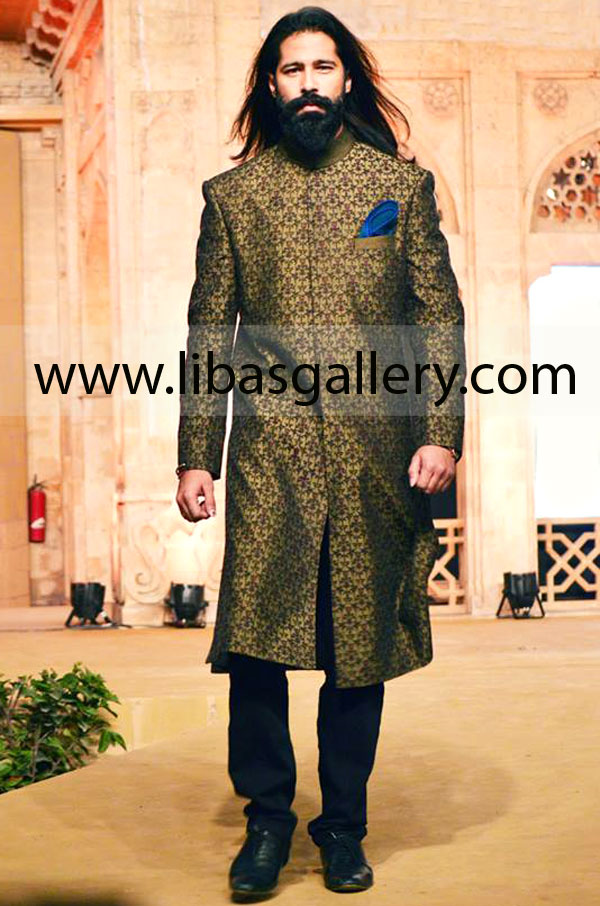 Amir Adnan latest Sherwanis Collection 2014 for Groom with Silver Embroidery Amir Adnan Sherwani Suits Pakistan 2014 UK london