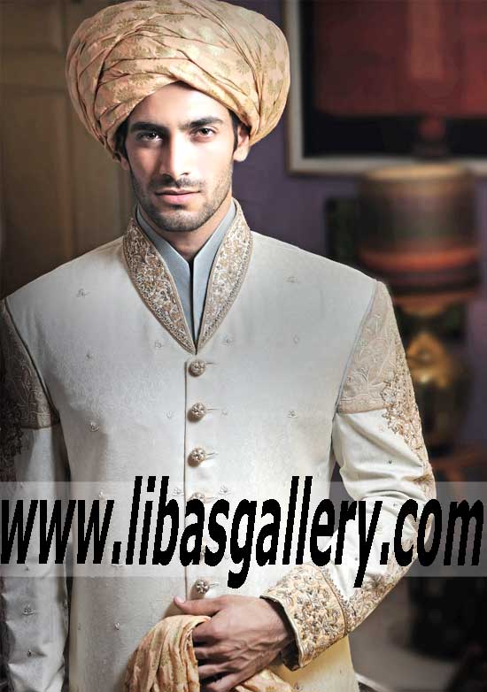 Off White Wedding Sherwani with Zardozi work Style 477