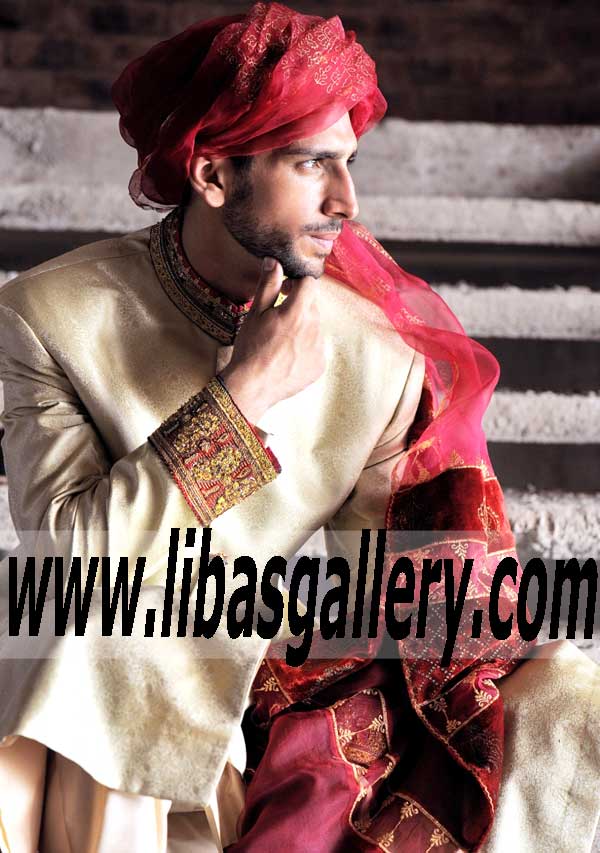 Buy Online Amir Adnan Beige Jamawar Traditional Cut Embellished Groom Sherwani for Wedding Mens Sherwani Shop in Arlington Texas US