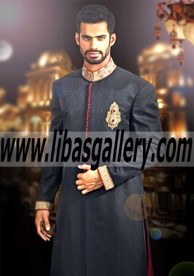Shop Online Amir Adnan Black Self Print Jamawar Wedding Sherwani by Paypal Credit Card UK US