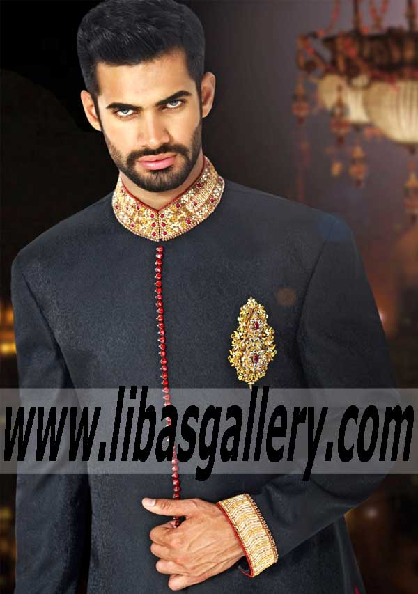 Shop Online Amir Adnan Black Self Print Jamawar Wedding Sherwani By Paypal Credit Card Uk Us 