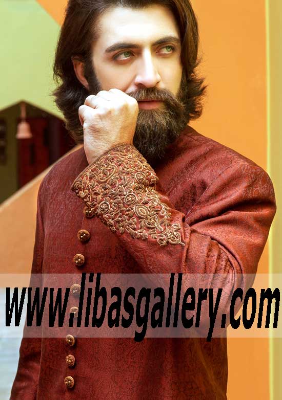 Burnt Umber Color Jamawar Wedding Sherwani 482