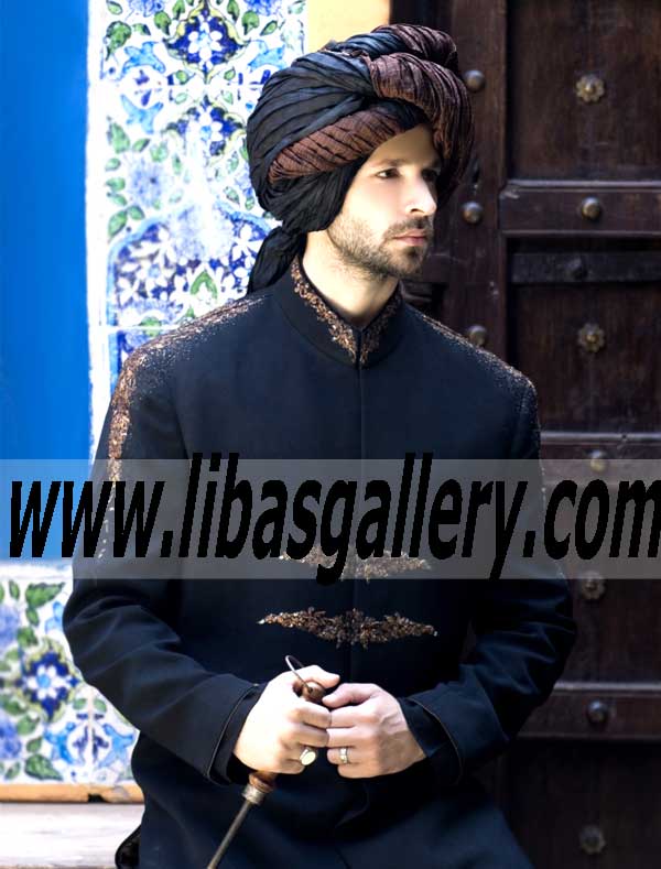 Buy the latest Amir Adnan Black Suiting Mens Sherwani Online designer, sherwani, menswear, groom, kurta, traditional, pajama, pakistan, india, uk, usa, canada, australia