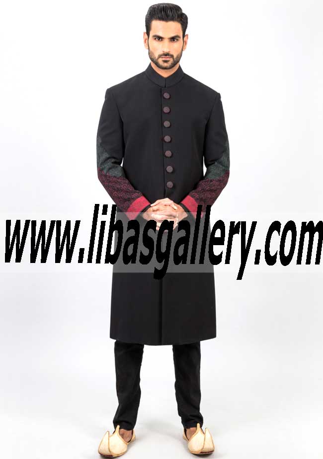 Black Cotton Sherwani for Wedding with pajama style 488