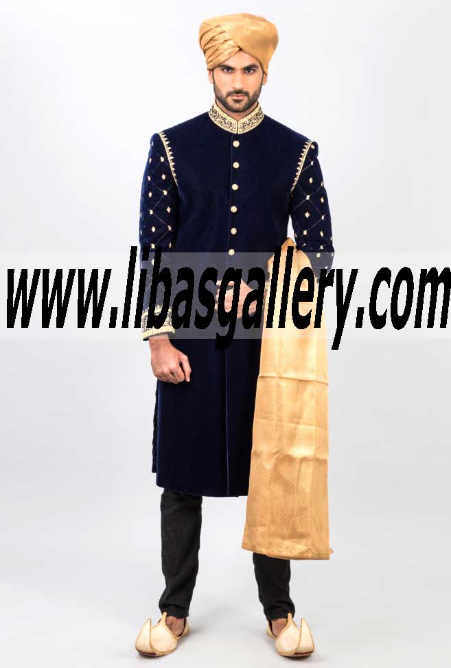 Traditional Blue Velvet Sherwani Amir Adnan Designer Pakistani Surrey London UK