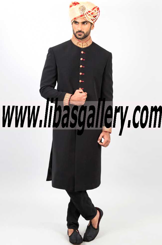 Amir Adnan Groom Sherwani in Suiting Fabric Black London Southhall Market UK
