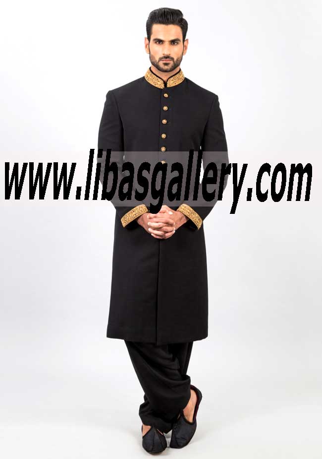 Amir Adnan Royal Sherwani black with gold hand embellishment Online in Suiting Fabric Glasgow leedsUK
