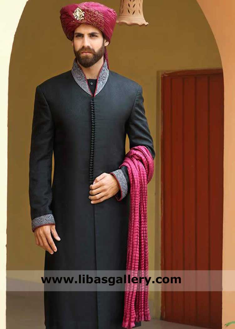 Pakistani Black Embellished Jamawar Groom Sherwani