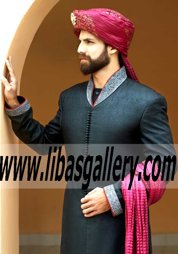 Pakistani Black Embellished Jamawar Groom Sherwani