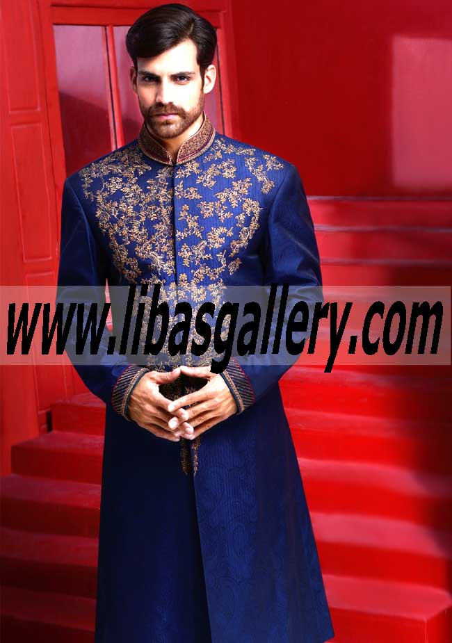 Blue Wedding Sherwani in Jamawar for Nikah Wedding