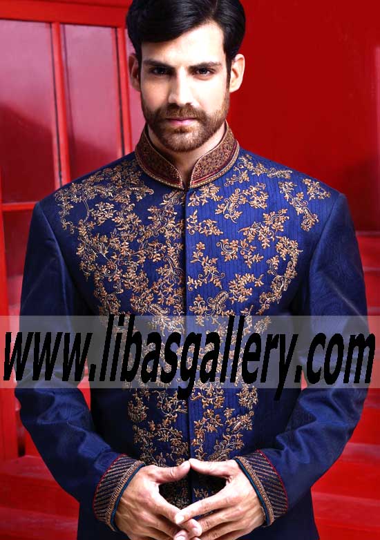 Blue Wedding Sherwani in Jamawar for Nikah Wedding