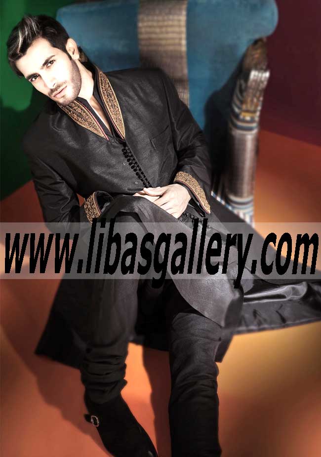 Black Raw silk Wedding Sherwani with Stylish Collar Style 510