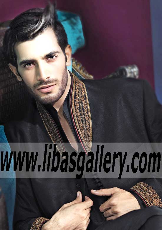 Black Raw silk Wedding Sherwani with Stylish Collar Style 510