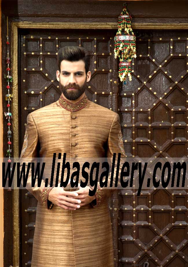 Burly Wood Raw Silk Groom Dulha Sherwani Style 516