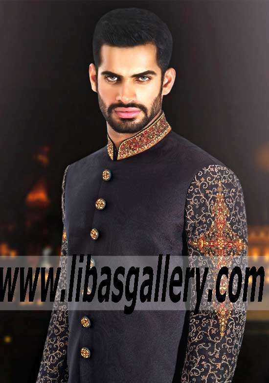 Black Jamawar Sherwani for Groom Style 522