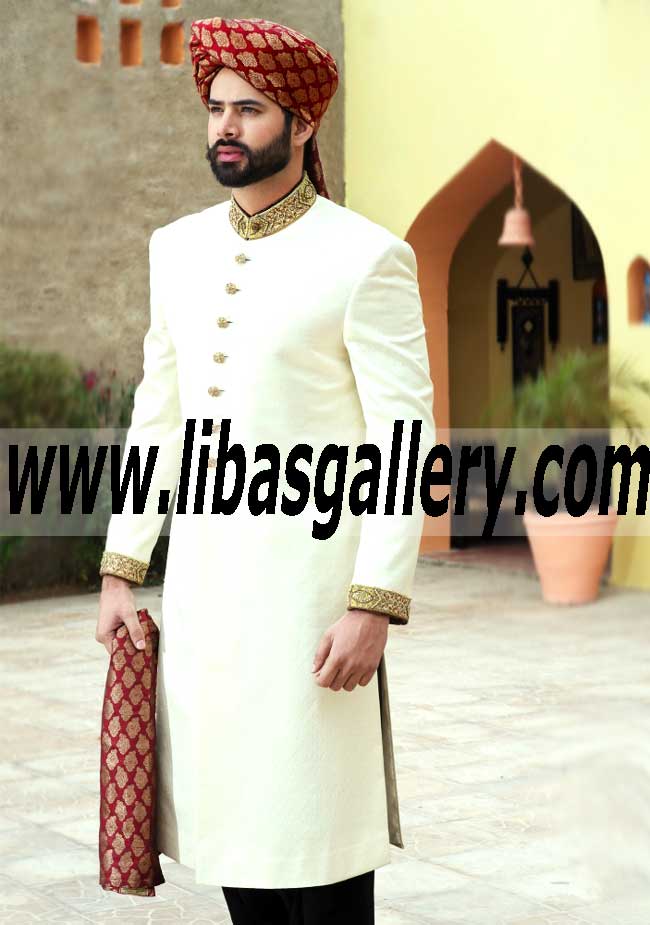 Designer Amir Adnan Men Clothing Wedding sherwani nikah barat off white and jamawar red pretied turban Wear UK USA Canada dubai