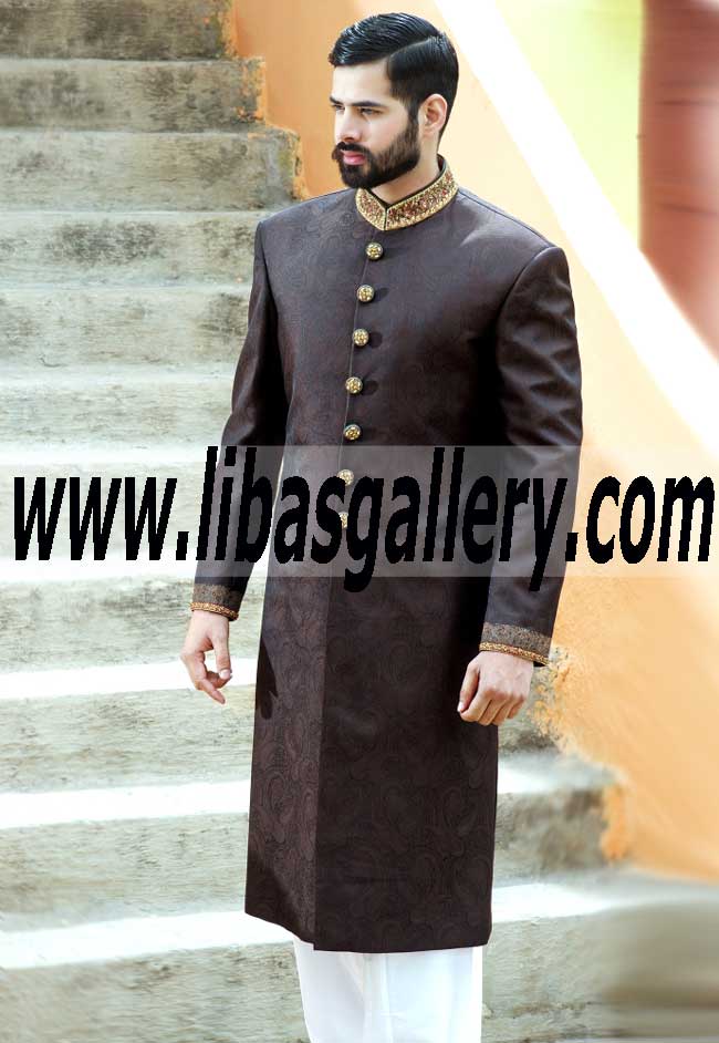 Embellished Jamawar Brown Ceremony Sherwani Style 528