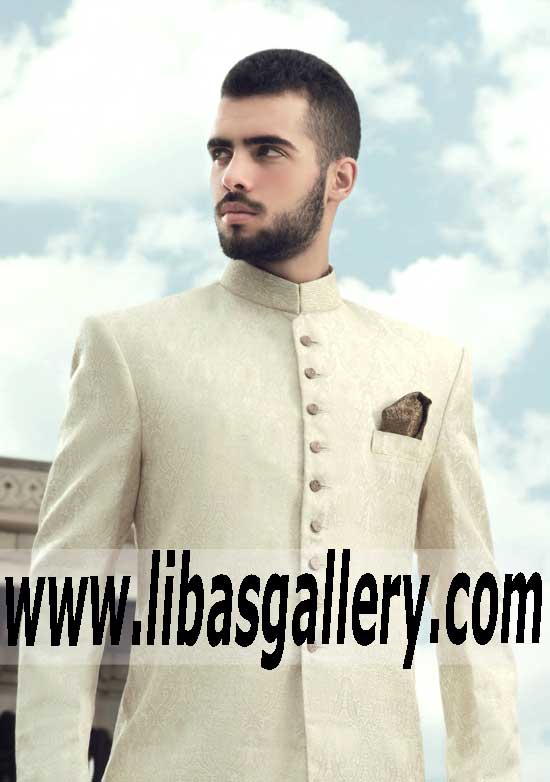 Pakistani Designer Wedding Sherwani off white color