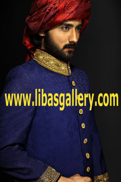 100% pure Raw Silk Off White sherwani features rich quality embellishments on sleeves collar and all over the front Front hooks closure Complimented with white kurta and chur