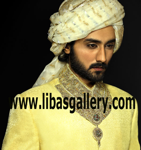 Exquisite pastel yellow Embellished Jamawar Sherwani Big height collar and Turban pre tied on additional payment Illinois Pennsylvania USA