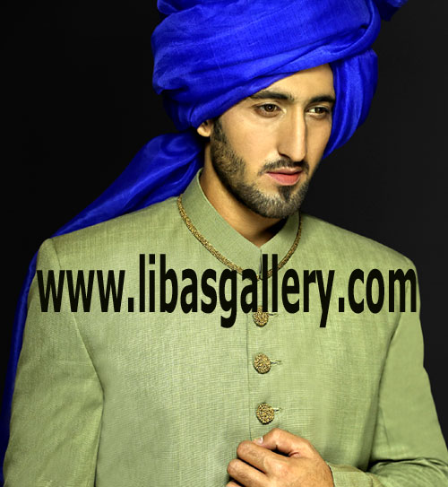 olivine color suiting fabric groom sherwani add blue pre tied turban with sherwani on your wish Mississauga Kelowna Canada