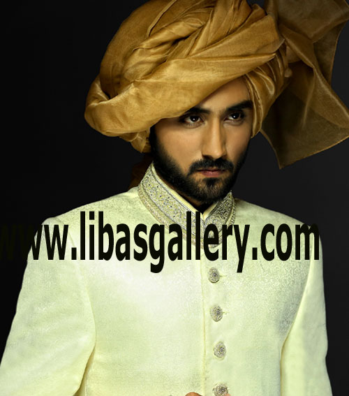 Jamawar Polyester Cream Groom Sherwani for arrange marriage event convey your opinion for sherwani to parents Philadelphia Pennsylvania USA