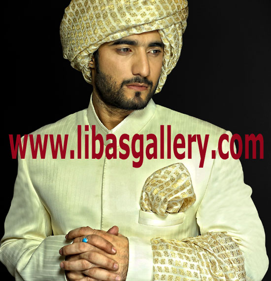 Suiting Fabric plain cream sherwani for mehndi and occasions men`s wear Pakistan custom made San Diego California USA