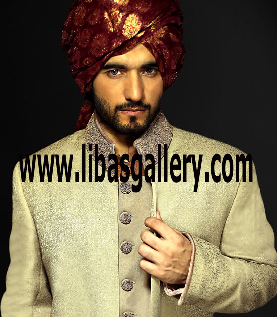 Decent man first select wedding sherwani fabric then hand work on collar and cuff Memphis Tennessee USA