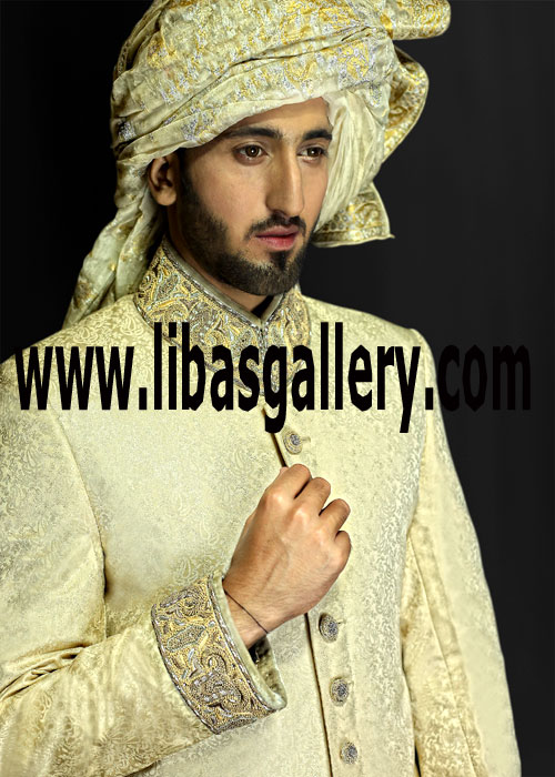 buy cream jamawar self print dulha sherwani collar cuff hand embellishment white inner kurta shalwar Baltimore Maryland USA