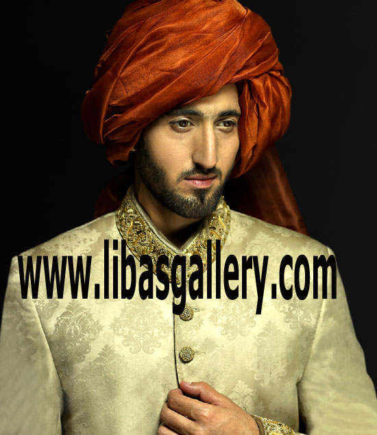 Royal Impression Groom Wedding Sherwani buy with pre tied Turban and Matching khussa on additional price Paris Lyon France