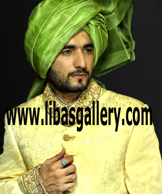 Regal wedding sherwani self jamawar custom stitching by professional sherwani Tailor worldwide delivery Abu dhabi Dubai UAE