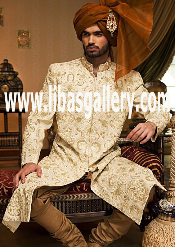 Best Sherwani in Raw silk fabric with Camel color kurta pajama order it for nikah barat Glasgow Leeds UK