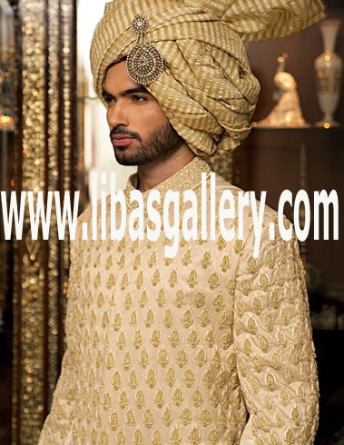 Alluring Cream Sherwani Raw silk for bright opinion muslim groom barat and nikah UK USA Canada Australia UAE