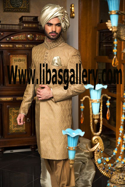 Charming men`s sherwani camel color for groom pre tied turban on additional price compliment inner suit Jeddah California Abu dhabi Perth Toronto