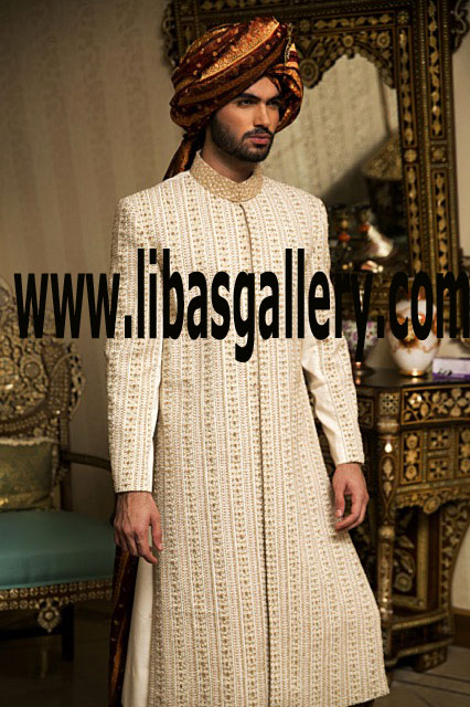 Cream Raw silk Groom Sherwani work on collar fancy type available with pre tied turban and khussa on additional price shop online Europe Asia South Africa