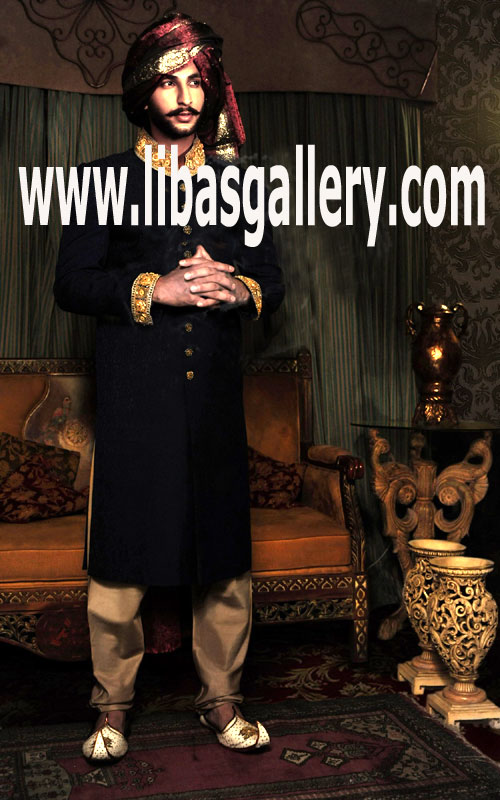 Prime time groom sherwani order with pre tied turban and matching khussa quick delivery worldwide sharjah dubai UAE