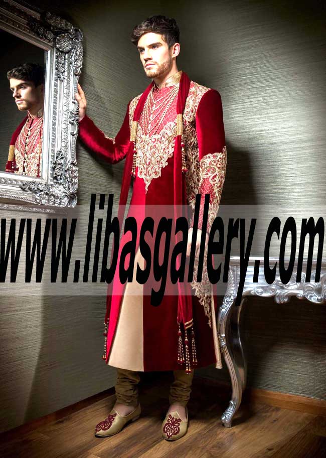 Red and Faun Color Royal Embellished Prince Sherwani for Groom 2016 2017 to feel like king of wedding day Perth Australia