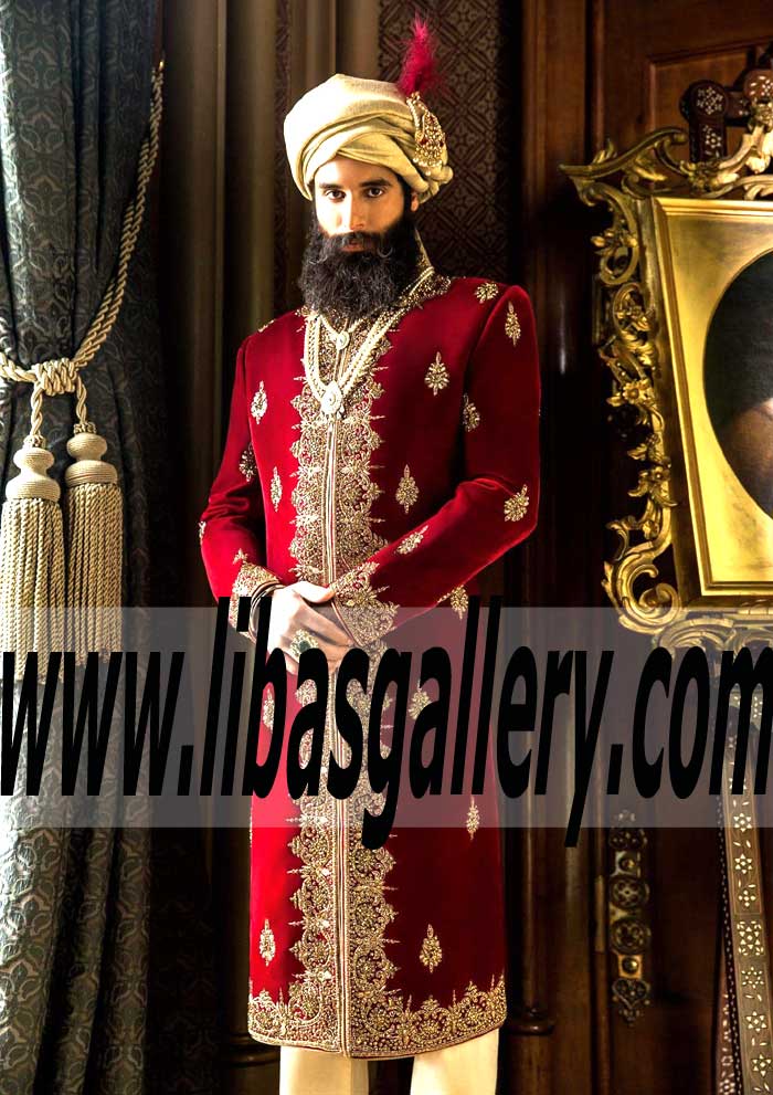 Branded heavy embroidered sherwani with turban and matching embroidered mughal shoes San Antonio Texas United States USA