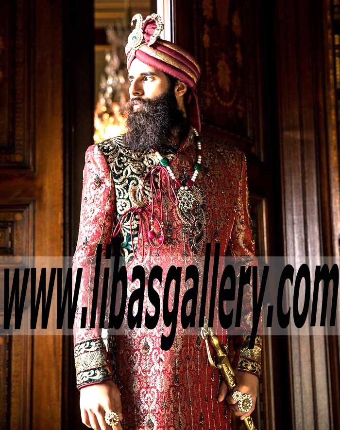Sherwani Royal in Red Color Jamawar banars with Red and Gold Turban for Groom Wedding Dulha Mughal Style Sheffield UK
